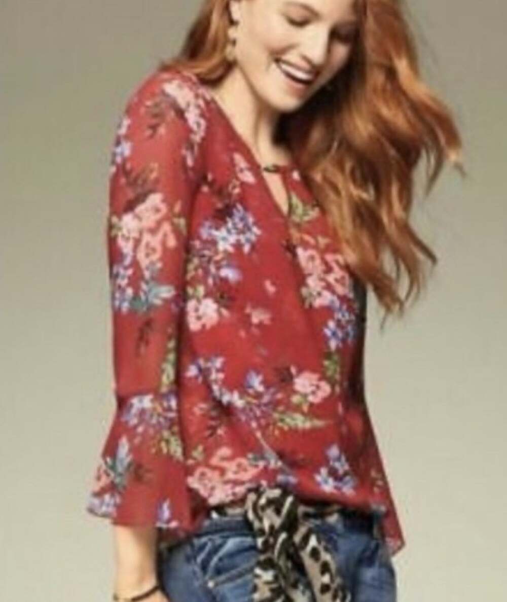 Cabi Top Devoted Red Floral Bell Sleeve Keyhole Chiffon Top 3590 Women's XS